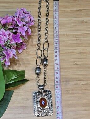 Silver-tone Filigree Pendant Necklace with Amber Stone - Women Jewelry